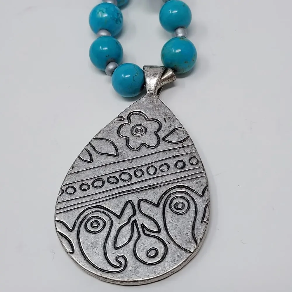 Coldwater Creek Genuine Stone Necklace Reversible Pendant Aqua Silver Tone NWT
